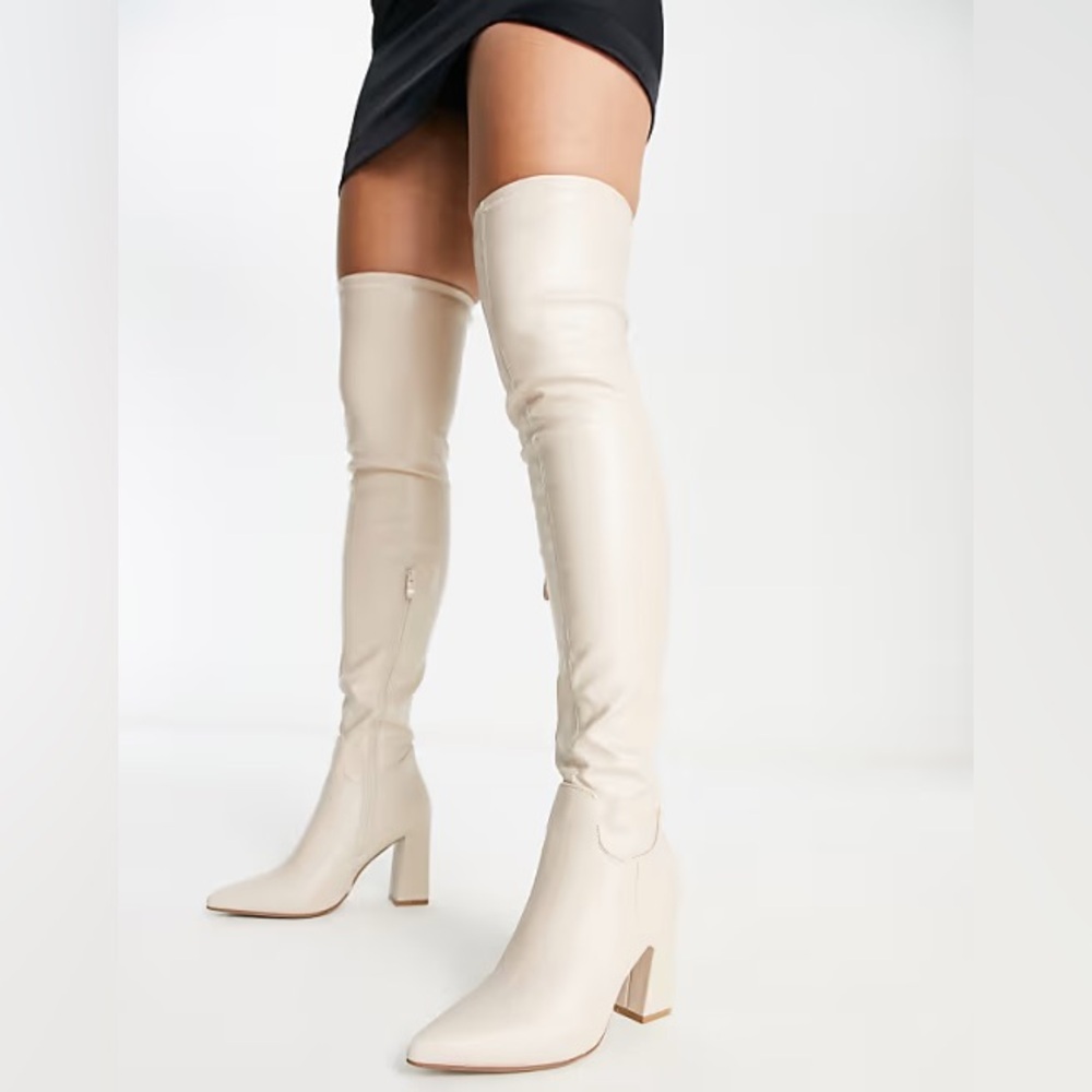 Truffle Collection Wide Fit Leather Look Cream thigh high heeled boots